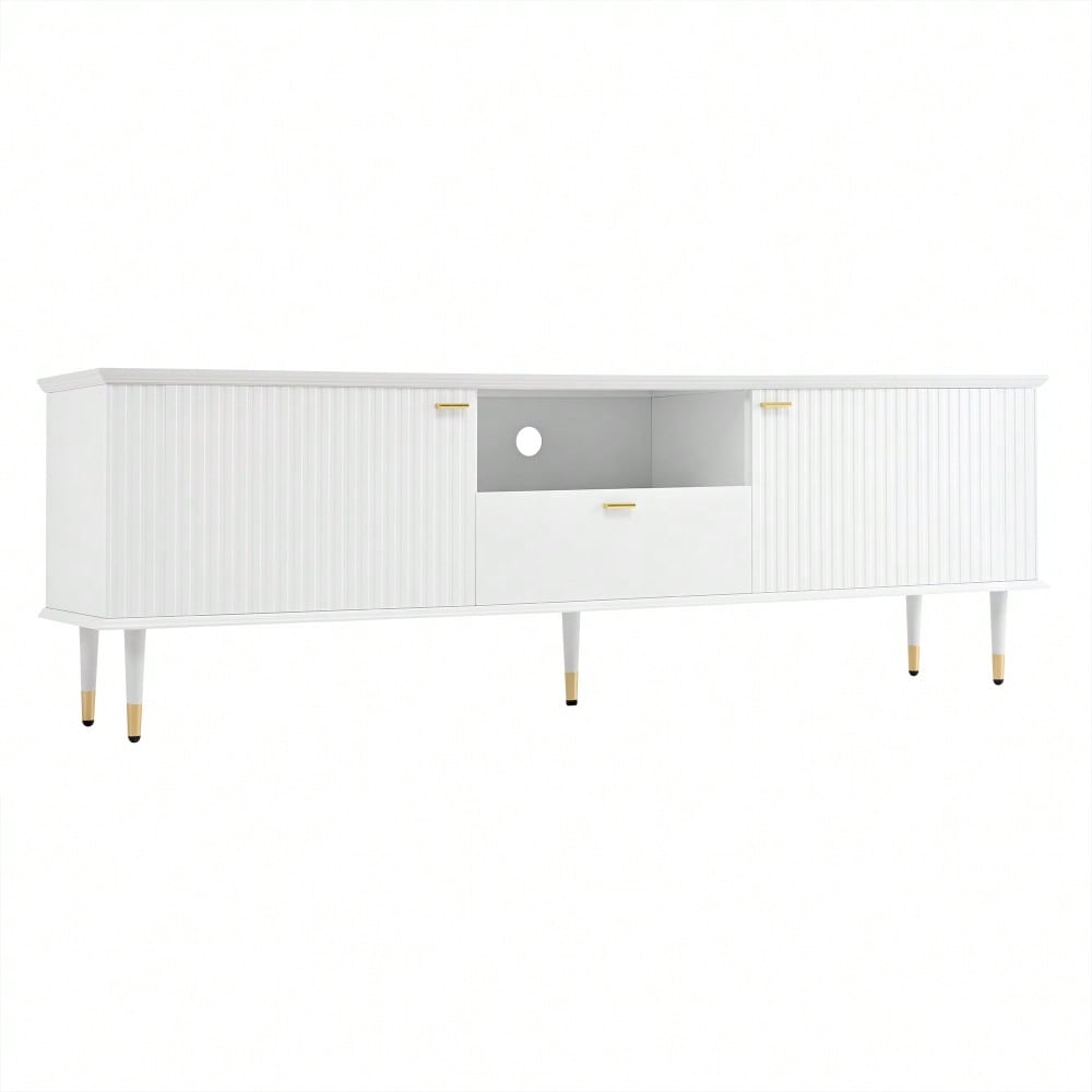TV-Schrank mit offenen Fächern und Schubladen, lackierte Strukturoberfläche, Soft-Close-Scharniere