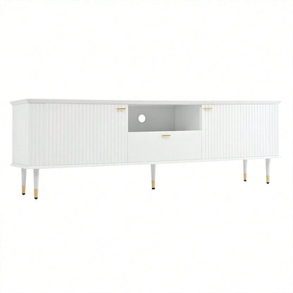 TV-Schrank mit offenen Fächern und Schubladen, lackierte Strukturoberfläche, Soft-Close-Scharniere