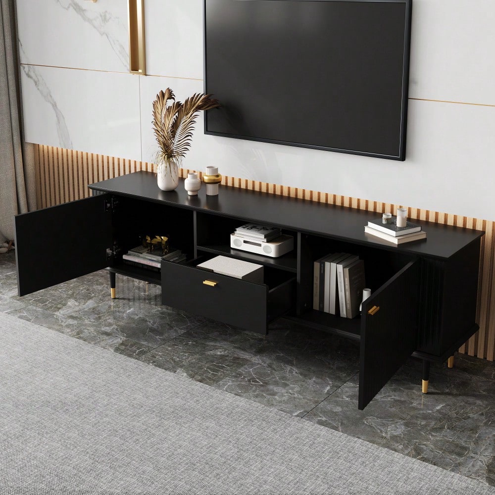 TV-Schrank mit offenen Fächern und Schubladen, lackierte Strukturoberfläche, Soft-Close-Scharniere