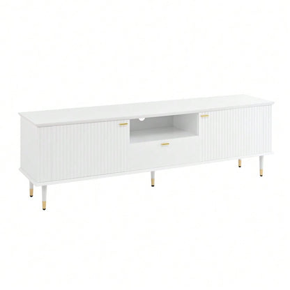 TV-Schrank mit offenen Fächern und Schubladen, lackierte Strukturoberfläche, Soft-Close-Scharniere