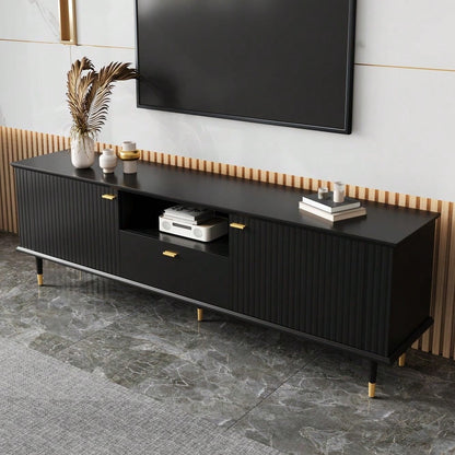 TV-Schrank mit offenen Fächern und Schubladen, lackierte Strukturoberfläche, Soft-Close-Scharniere