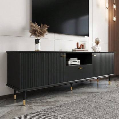 TV-Schrank mit offenen Fächern und Schubladen, lackierte Strukturoberfläche, Soft-Close-Scharniere