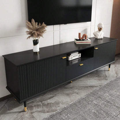 TV-Schrank mit offenen Fächern und Schubladen, lackierte Strukturoberfläche, Soft-Close-Scharniere