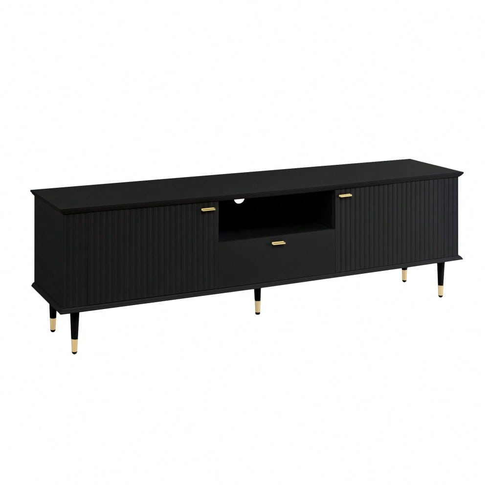 TV-Schrank mit offenen Fächern und Schubladen, lackierte Strukturoberfläche, Soft-Close-Scharniere
