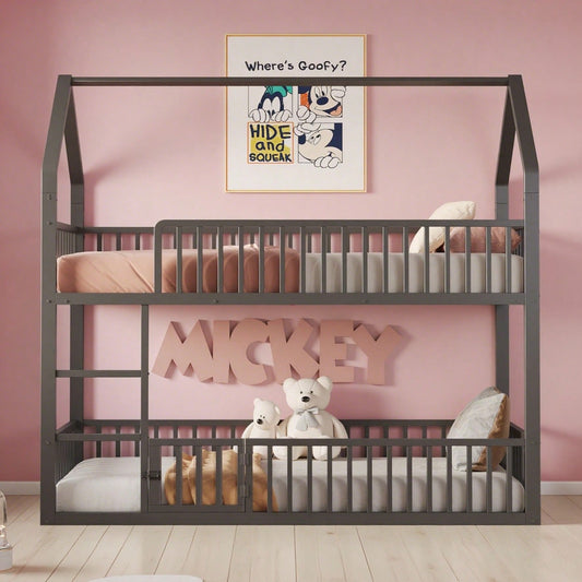 Kinder-Etagenbett 90*200, Metall-Doppelbett, Kinder-Familienbett, Etagenbett mit Treppe, Loft-Design, Unteres Bett mit kleiner Tür zum Öffnen und Schließen, Schwarz