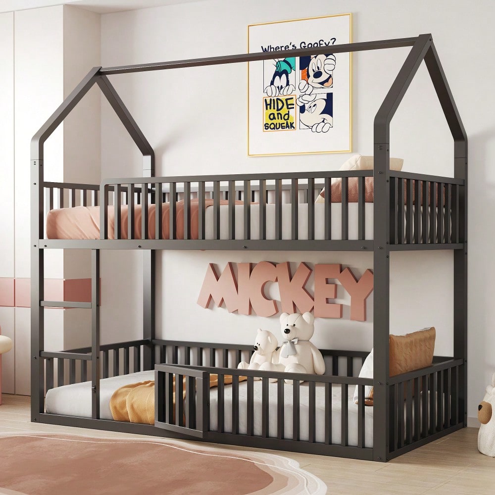 Kinder-Etagenbett 90*200, Metall-Doppelbett, Kinder-Familienbett, Etagenbett mit Treppe, Loft-Design, Unteres Bett mit kleiner Tür zum Öffnen und Schließen, Schwarz