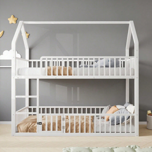 Kinder-Etagenbett 90*200, Metall-Doppelbett, Kinder-Familienbett, Etagenbett mit Treppe, Loft-Design, Unteres Bett mit kleiner Tür zum Öffnen und Schließen, Weiß