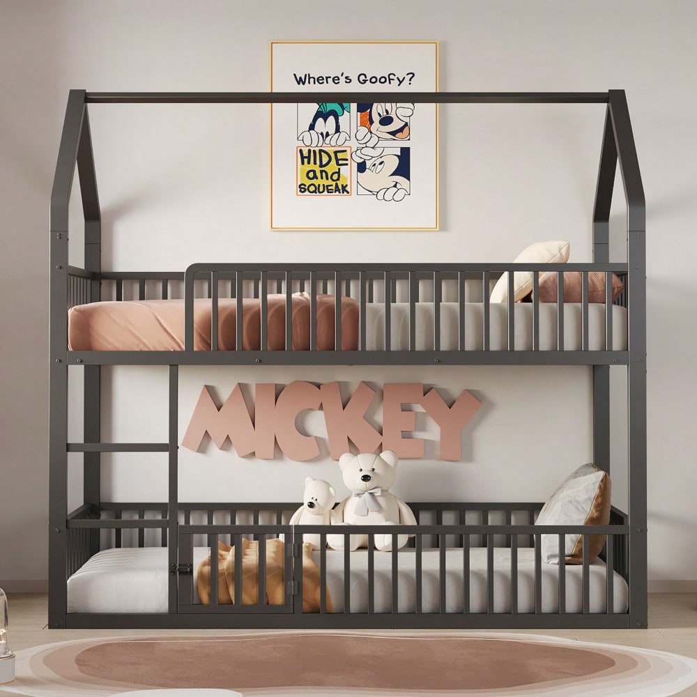 Kinder-Etagenbett 90*200, Metall-Doppelbett, Kinder-Familienbett, Etagenbett mit Treppe, Loft-Design, Unteres Bett mit kleiner Tür zum Öffnen und Schließen, Schwarz