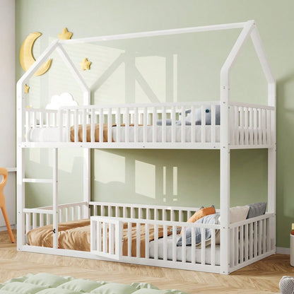 Kinder-Etagenbett 90*200, Metall-Doppelbett, Kinder-Familienbett, Etagenbett mit Treppe, Loft-Design, Unteres Bett mit kleiner Tür zum Öffnen und Schließen, Weiß