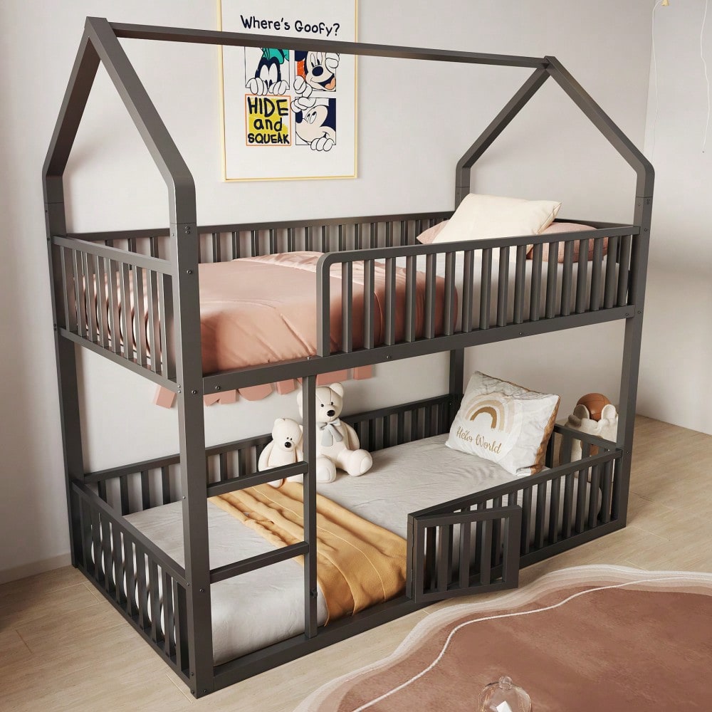 Kinder-Etagenbett 90*200, Metall-Doppelbett, Kinder-Familienbett, Etagenbett mit Treppe, Loft-Design, Unteres Bett mit kleiner Tür zum Öffnen und Schließen, Schwarz
