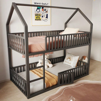 Kinder-Etagenbett 90*200, Metall-Doppelbett, Kinder-Familienbett, Etagenbett mit Treppe, Loft-Design, Unteres Bett mit kleiner Tür zum Öffnen und Schließen, Schwarz