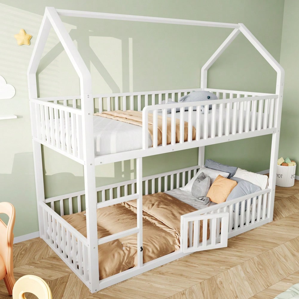 Kinder-Etagenbett 90*200, Metall-Doppelbett, Kinder-Familienbett, Etagenbett mit Treppe, Loft-Design, Unteres Bett mit kleiner Tür zum Öffnen und Schließen, Weiß