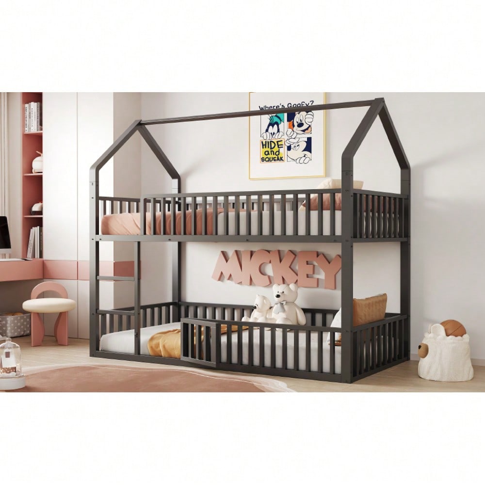Kinder-Etagenbett 90*200, Metall-Doppelbett, Kinder-Familienbett, Etagenbett mit Treppe, Loft-Design, Unteres Bett mit kleiner Tür zum Öffnen und Schließen, Schwarz