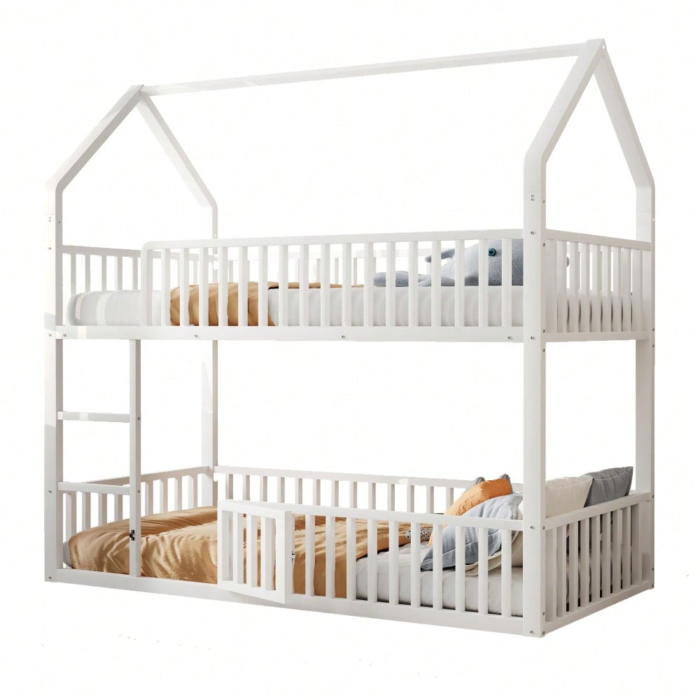 Kinder-Etagenbett 90*200, Metall-Doppelbett, Kinder-Familienbett, Etagenbett mit Treppe, Loft-Design, Unteres Bett mit kleiner Tür zum Öffnen und Schließen, Weiß