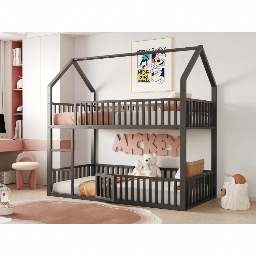Kinder-Etagenbett 90*200, Metall-Doppelbett, Kinder-Familienbett, Etagenbett mit Treppe, Loft-Design, Unteres Bett mit kleiner Tür zum Öffnen und Schließen, Schwarz
