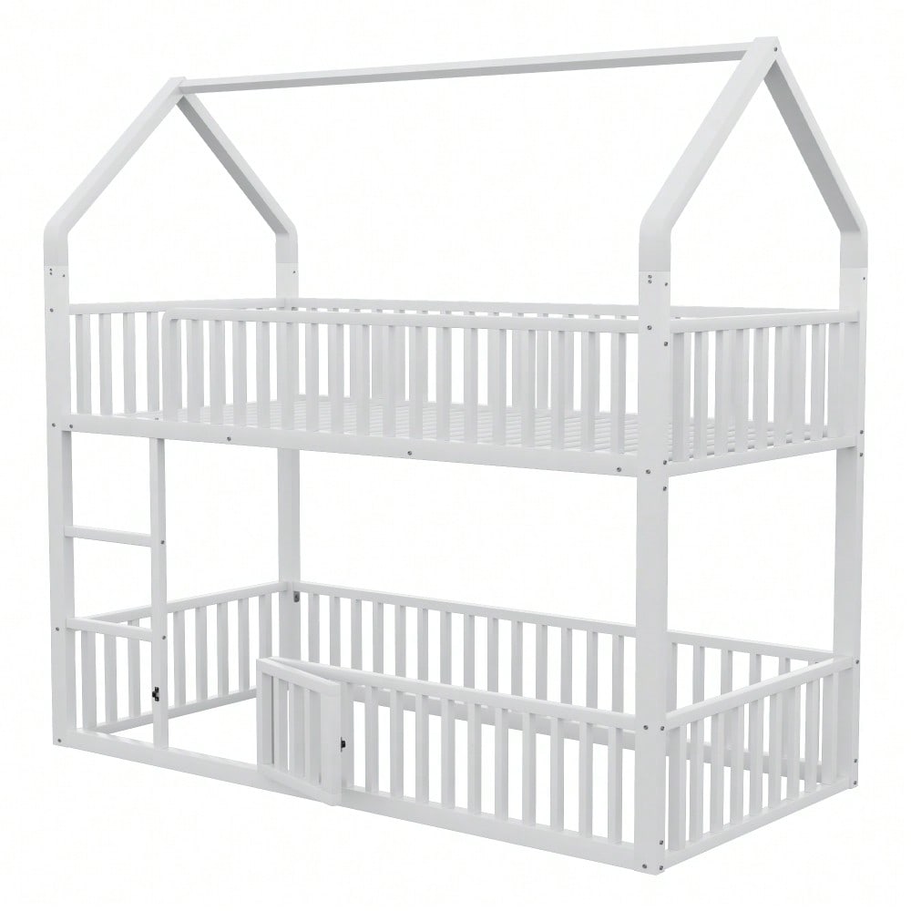 Kinder-Etagenbett 90*200, Metall-Doppelbett, Kinder-Familienbett, Etagenbett mit Treppe, Loft-Design, Unteres Bett mit kleiner Tür zum Öffnen und Schließen, Weiß