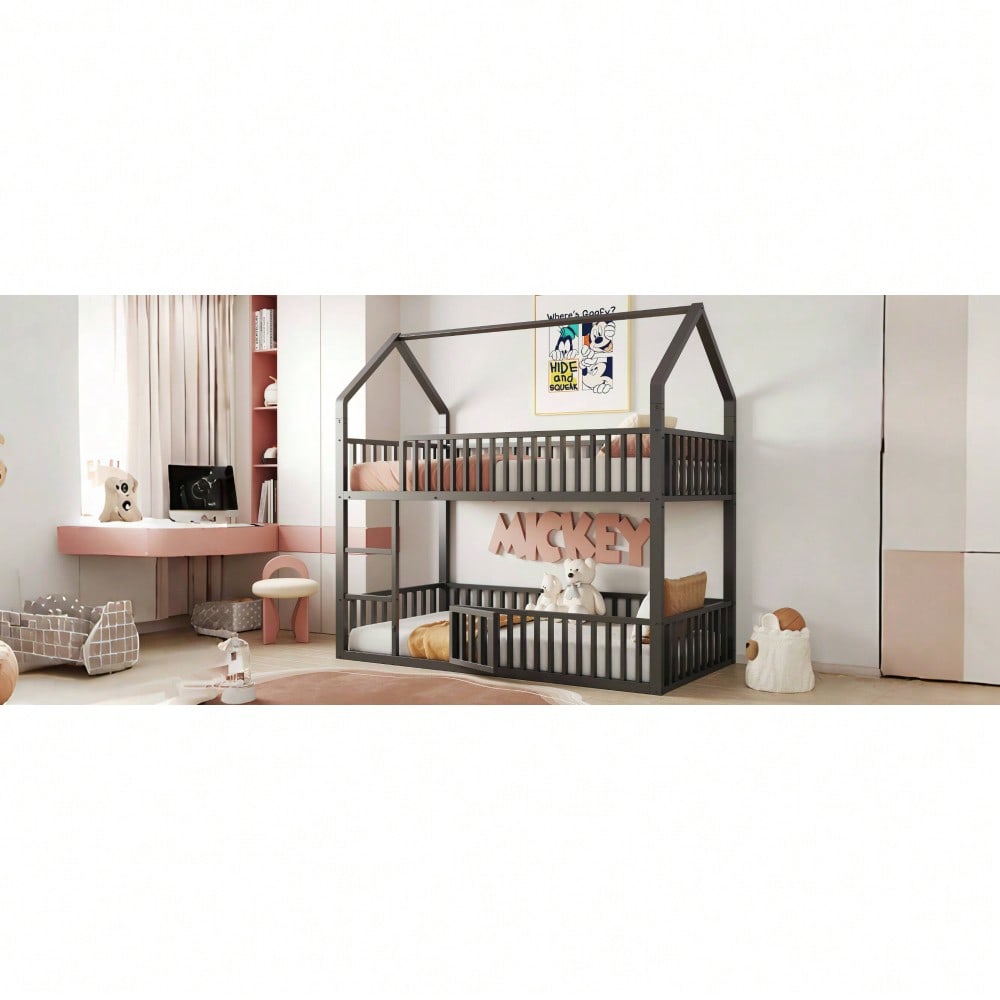 Kinder-Etagenbett 90*200, Metall-Doppelbett, Kinder-Familienbett, Etagenbett mit Treppe, Loft-Design, Unteres Bett mit kleiner Tür zum Öffnen und Schließen, Schwarz