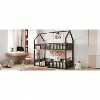 Kinder-Etagenbett 90*200, Metall-Doppelbett, Kinder-Familienbett, Etagenbett mit Treppe, Loft-Design, Unteres Bett mit kleiner Tür zum Öffnen und Schließen, Schwarz