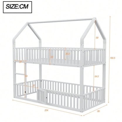 Kinder-Etagenbett 90*200, Metall-Doppelbett, Kinder-Familienbett, Etagenbett mit Treppe, Loft-Design, Unteres Bett mit kleiner Tür zum Öffnen und Schließen, Weiß