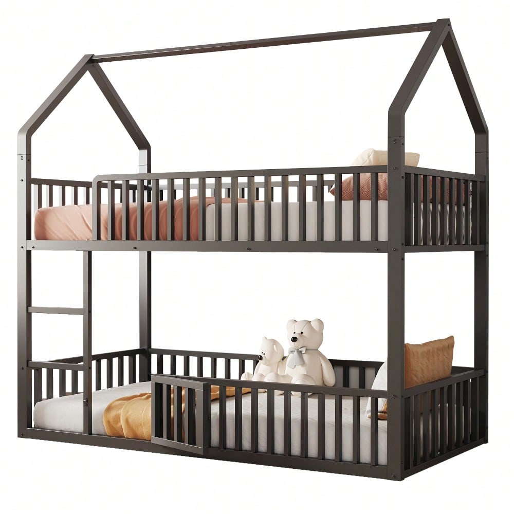 Kinder-Etagenbett 90*200, Metall-Doppelbett, Kinder-Familienbett, Etagenbett mit Treppe, Loft-Design, Unteres Bett mit kleiner Tür zum Öffnen und Schließen, Schwarz
