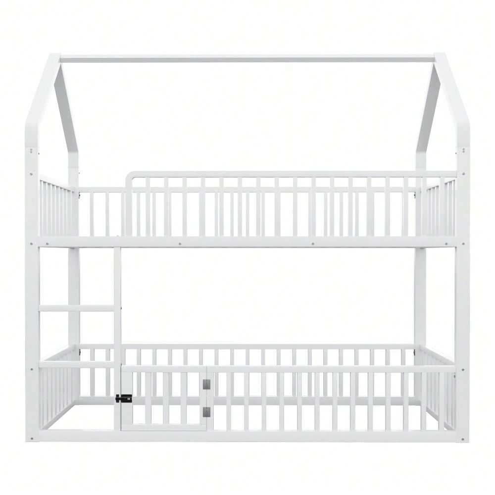 Kinder-Etagenbett 90*200, Metall-Doppelbett, Kinder-Familienbett, Etagenbett mit Treppe, Loft-Design, Unteres Bett mit kleiner Tür zum Öffnen und Schließen, Weiß