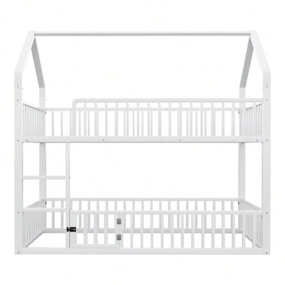 Kinder-Etagenbett 90*200, Metall-Doppelbett, Kinder-Familienbett, Etagenbett mit Treppe, Loft-Design, Unteres Bett mit kleiner Tür zum Öffnen und Schließen, Weiß