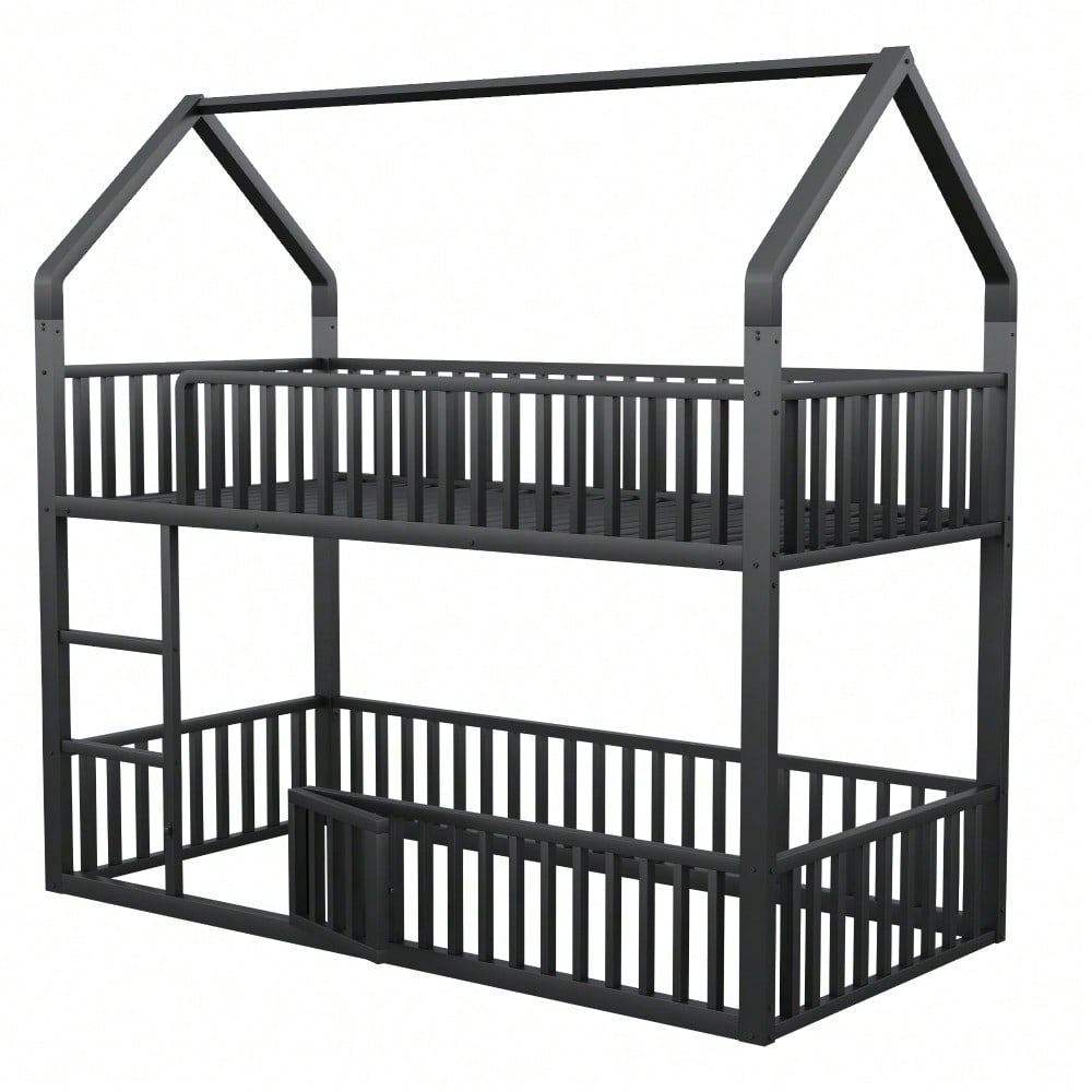 Kinder-Etagenbett 90*200, Metall-Doppelbett, Kinder-Familienbett, Etagenbett mit Treppe, Loft-Design, Unteres Bett mit kleiner Tür zum Öffnen und Schließen, Schwarz