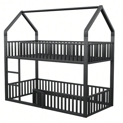 Kinder-Etagenbett 90*200, Metall-Doppelbett, Kinder-Familienbett, Etagenbett mit Treppe, Loft-Design, Unteres Bett mit kleiner Tür zum Öffnen und Schließen, Schwarz