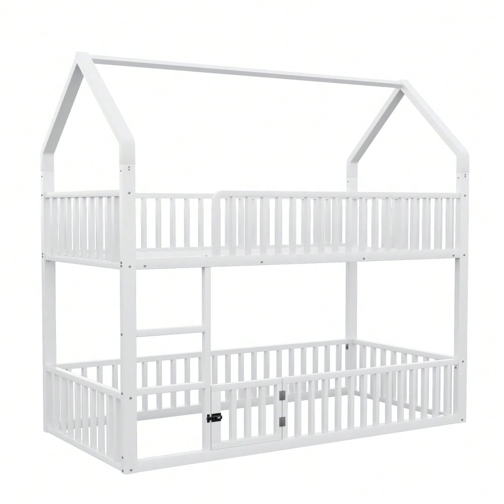 Kinder-Etagenbett 90*200, Metall-Doppelbett, Kinder-Familienbett, Etagenbett mit Treppe, Loft-Design, Unteres Bett mit kleiner Tür zum Öffnen und Schließen, Weiß