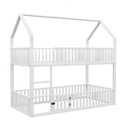 Kinder-Etagenbett 90*200, Metall-Doppelbett, Kinder-Familienbett, Etagenbett mit Treppe, Loft-Design, Unteres Bett mit kleiner Tür zum Öffnen und Schließen, Weiß