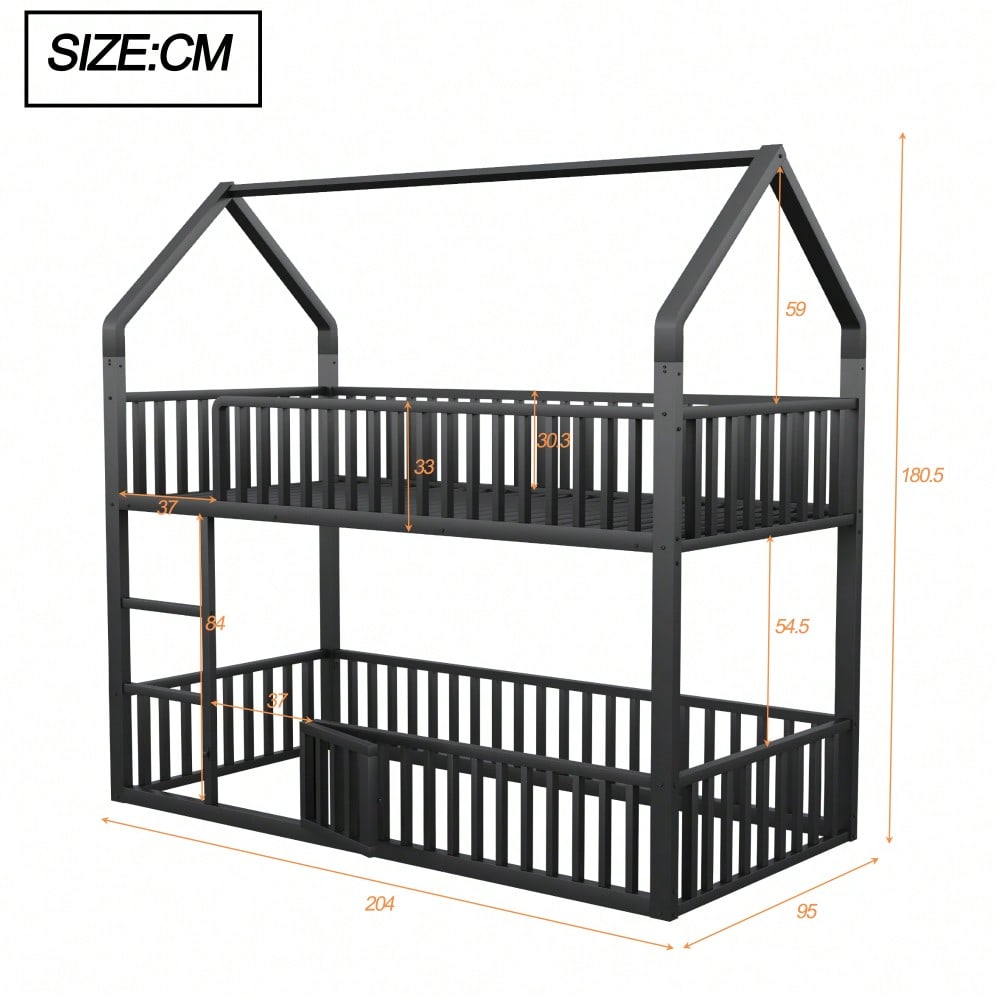 Kinder-Etagenbett 90*200, Metall-Doppelbett, Kinder-Familienbett, Etagenbett mit Treppe, Loft-Design, Unteres Bett mit kleiner Tür zum Öffnen und Schließen, Schwarz