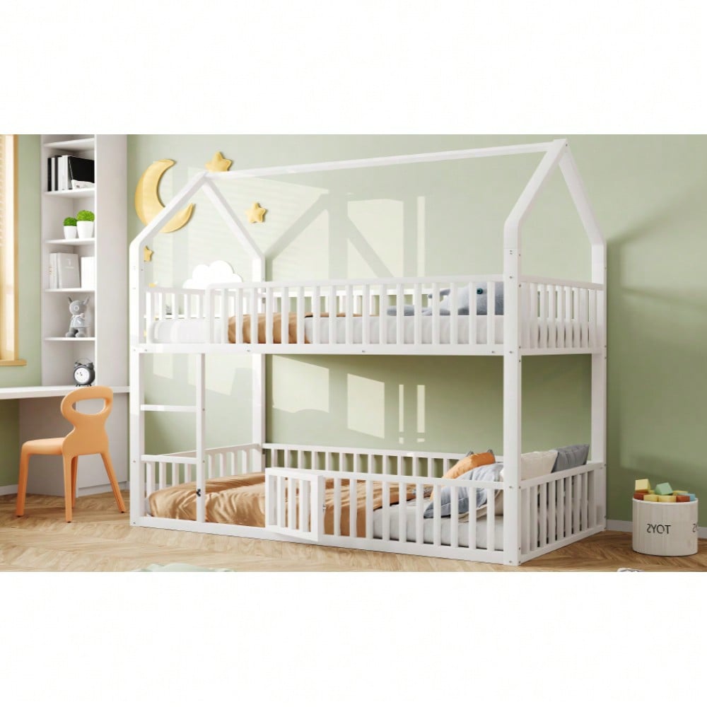 Kinder-Etagenbett 90*200, Metall-Doppelbett, Kinder-Familienbett, Etagenbett mit Treppe, Loft-Design, Unteres Bett mit kleiner Tür zum Öffnen und Schließen, Weiß