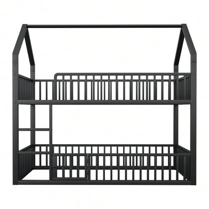Kinder-Etagenbett 90*200, Metall-Doppelbett, Kinder-Familienbett, Etagenbett mit Treppe, Loft-Design, Unteres Bett mit kleiner Tür zum Öffnen und Schließen, Schwarz