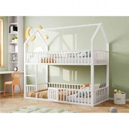 Kinder-Etagenbett 90*200, Metall-Doppelbett, Kinder-Familienbett, Etagenbett mit Treppe, Loft-Design, Unteres Bett mit kleiner Tür zum Öffnen und Schließen, Weiß