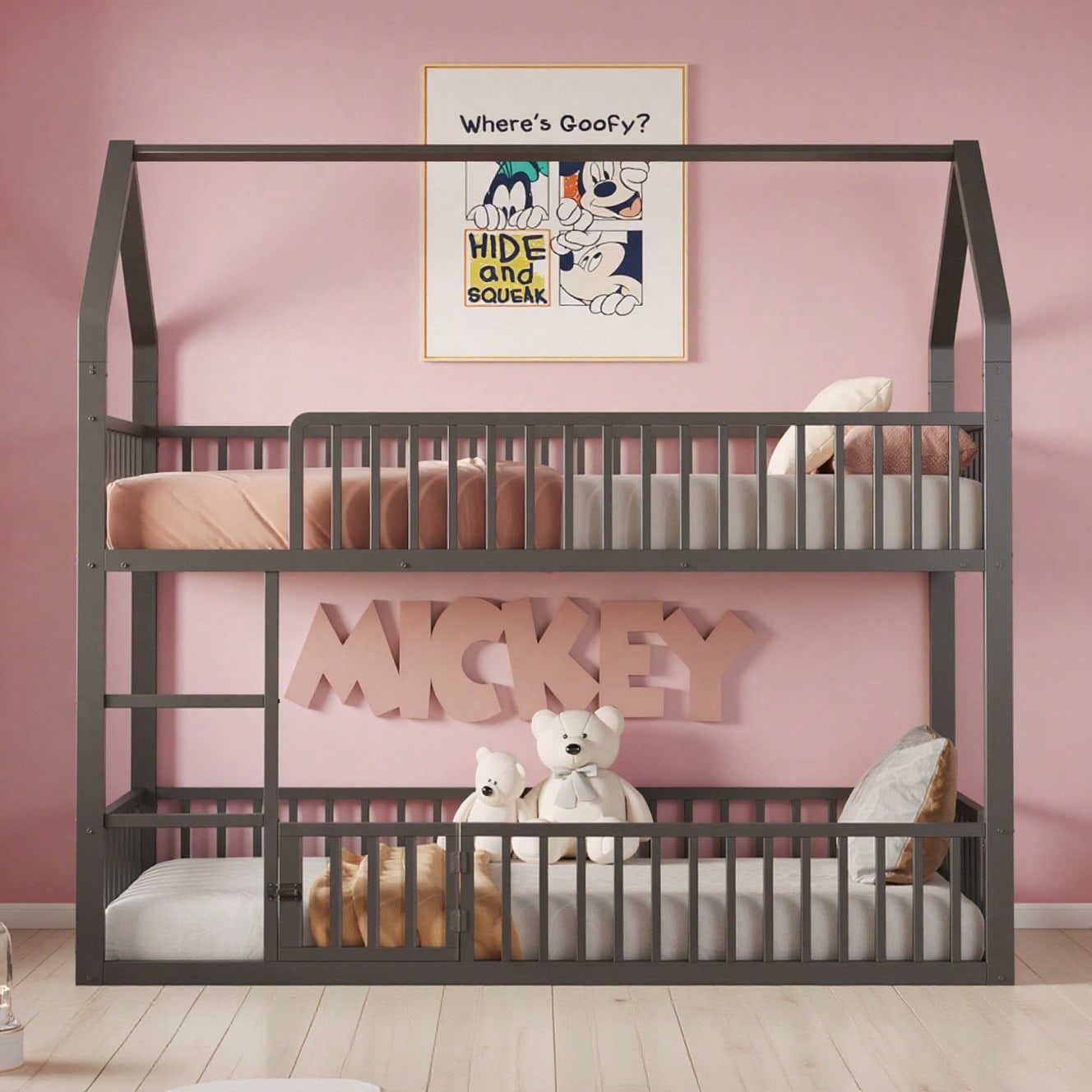 Kinder-Etagenbett 90*200, Metall-Doppelbett, Kinder-Familienbett, Etagenbett mit Treppe, Loft-Design, Unteres Bett mit kleiner Tür zum Öffnen und Schließen, Schwarz