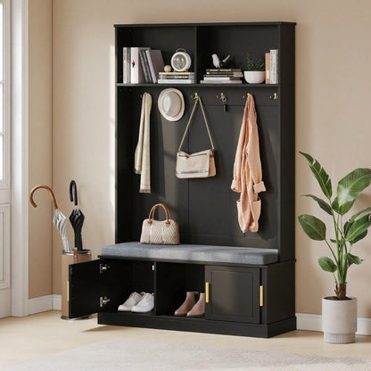 Garderobenständer mit  Schuhbank, Garderobe,  6 Dreifach-Haken,freistehend, platzsparend, für Eingangsbereich,Flur, Schwarz, 120×40×191cm