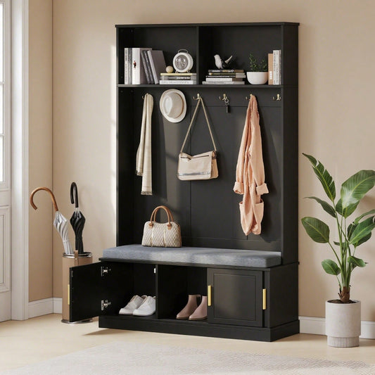 Garderobenständer mit  Schuhbank, Garderobe,  6 Dreifach-Haken,freistehend, platzsparend, für Eingangsbereich,Flur, Schwarz, 120×40×191cm