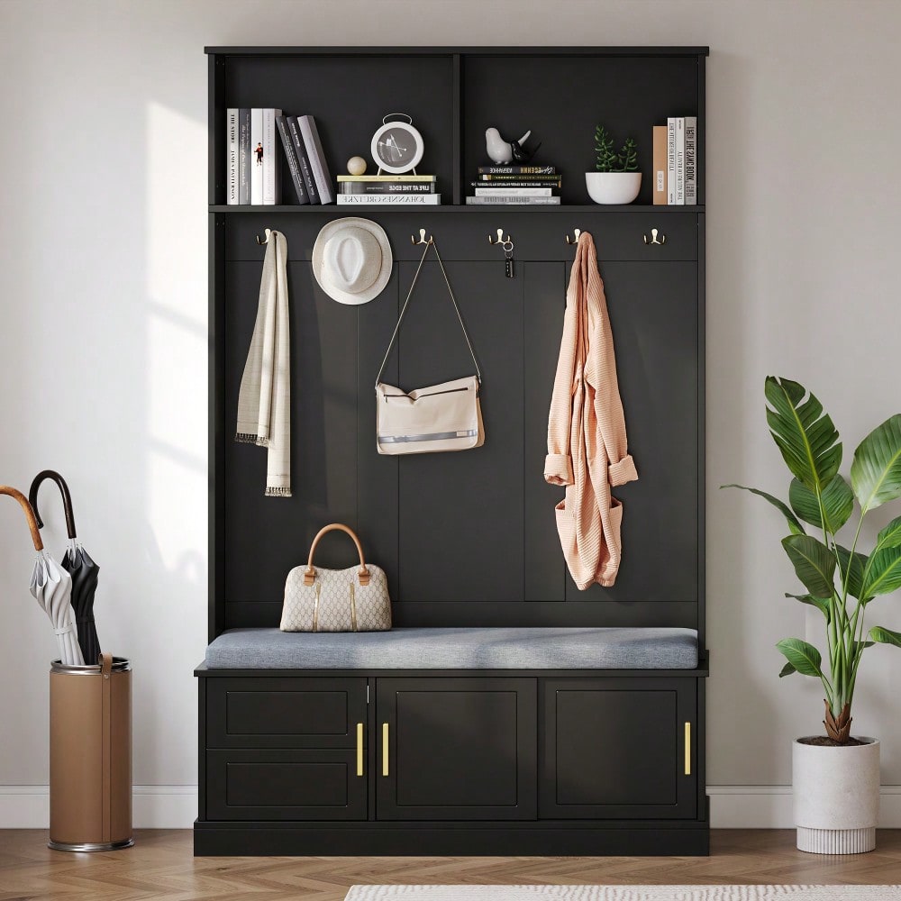 Garderobenständer mit  Schuhbank, Garderobe,  6 Dreifach-Haken,freistehend, platzsparend, für Eingangsbereich,Flur, Schwarz, 120×40×191cm