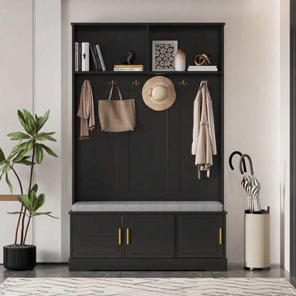 Garderobenständer mit  Schuhbank, Garderobe,  6 Dreifach-Haken,freistehend, platzsparend, für Eingangsbereich,Flur, Schwarz, 120×40×191cm