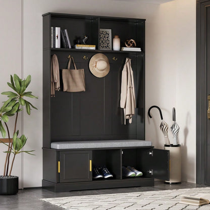Garderobenständer mit  Schuhbank, Garderobe,  6 Dreifach-Haken,freistehend, platzsparend, für Eingangsbereich,Flur, Schwarz, 120×40×191cm