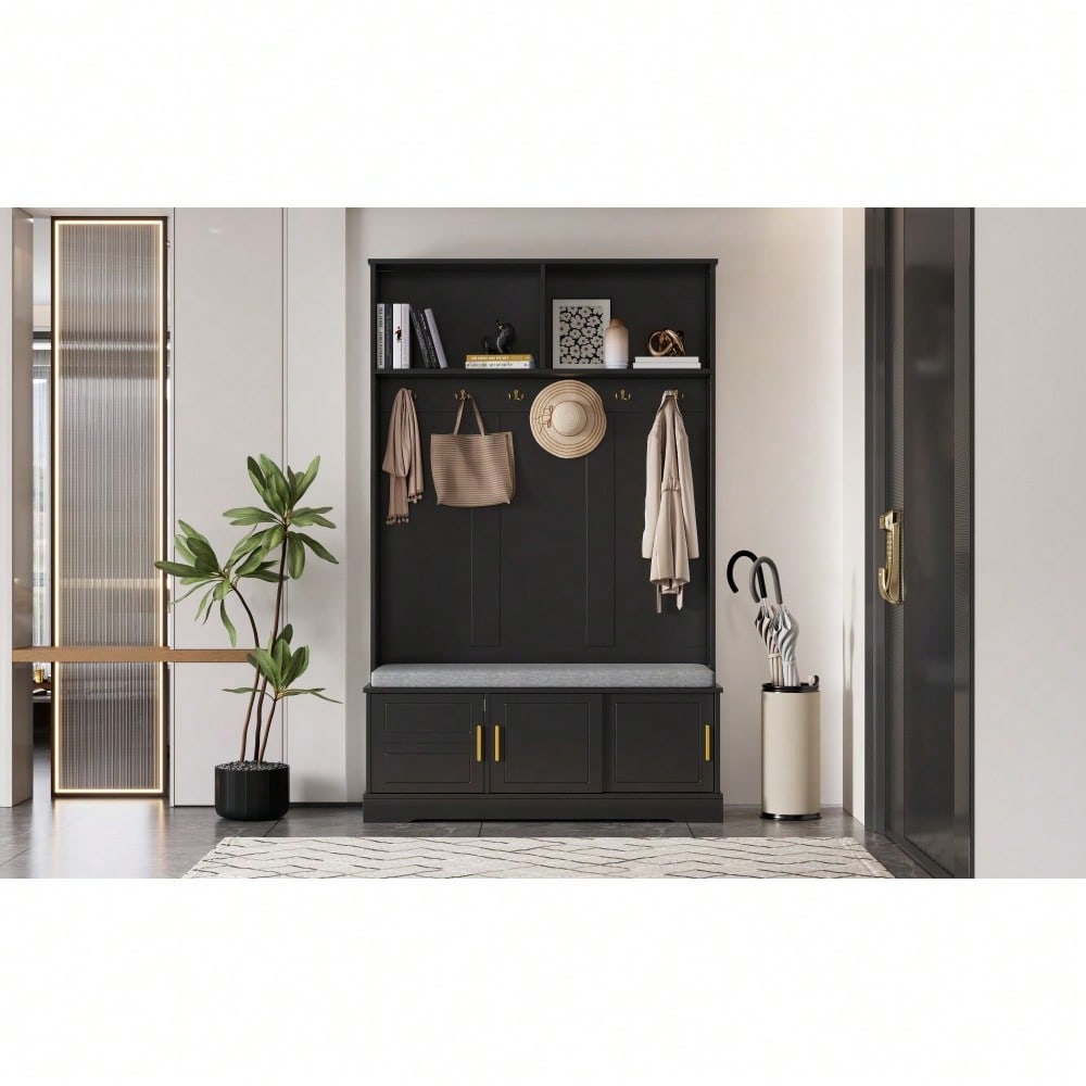 Garderobenständer mit  Schuhbank, Garderobe,  6 Dreifach-Haken,freistehend, platzsparend, für Eingangsbereich,Flur, Schwarz, 120×40×191cm