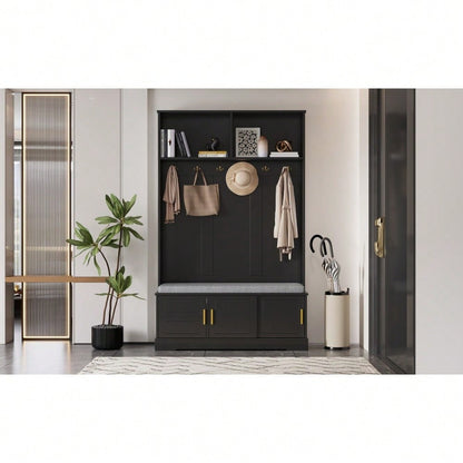Garderobenständer mit  Schuhbank, Garderobe,  6 Dreifach-Haken,freistehend, platzsparend, für Eingangsbereich,Flur, Schwarz, 120×40×191cm