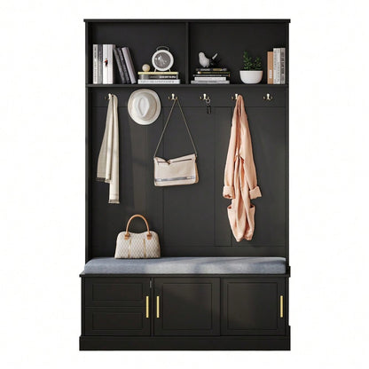 Garderobenständer mit  Schuhbank, Garderobe,  6 Dreifach-Haken,freistehend, platzsparend, für Eingangsbereich,Flur, Schwarz, 120×40×191cm