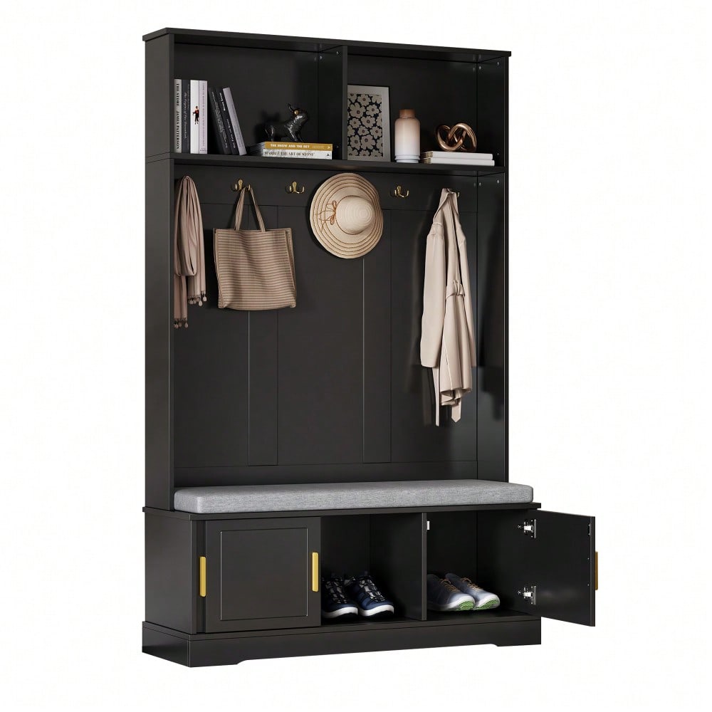 Garderobenständer mit  Schuhbank, Garderobe,  6 Dreifach-Haken,freistehend, platzsparend, für Eingangsbereich,Flur, Schwarz, 120×40×191cm