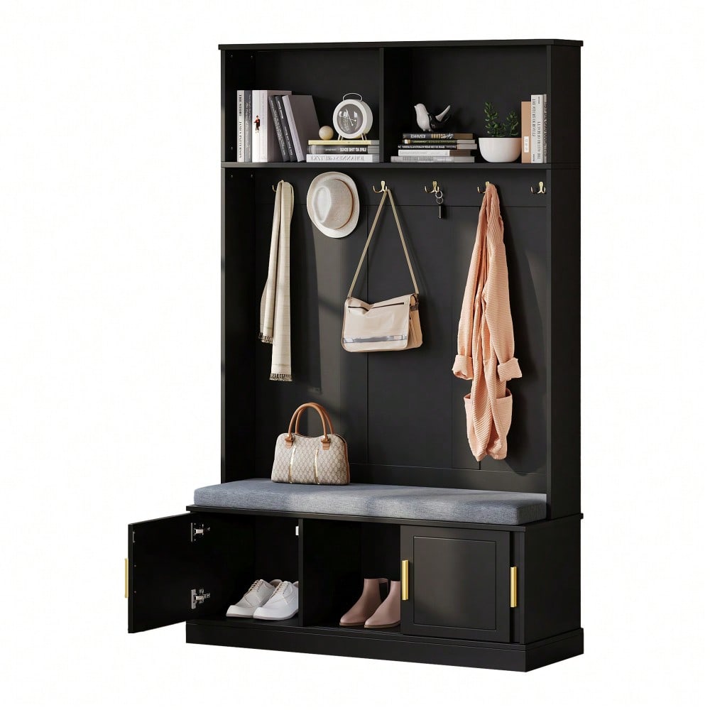Garderobenständer mit  Schuhbank, Garderobe,  6 Dreifach-Haken,freistehend, platzsparend, für Eingangsbereich,Flur, Schwarz, 120×40×191cm