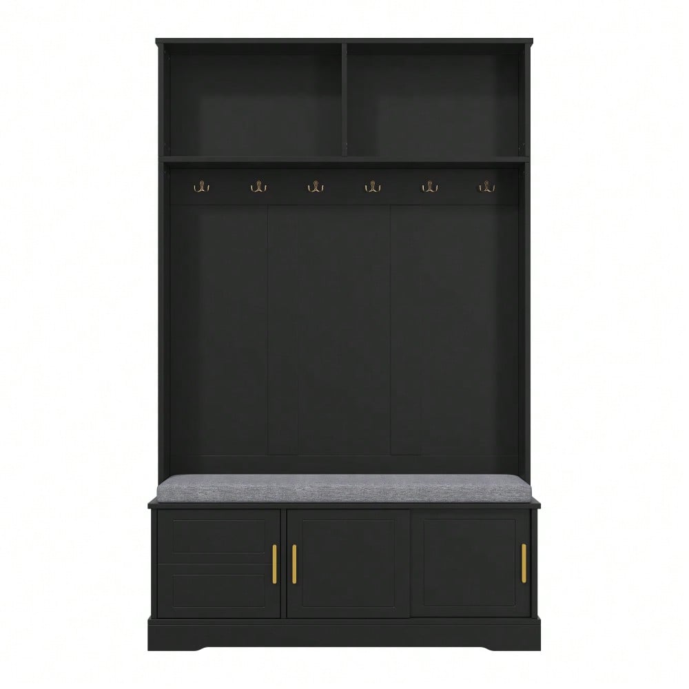Garderobenständer mit  Schuhbank, Garderobe,  6 Dreifach-Haken,freistehend, platzsparend, für Eingangsbereich,Flur, Schwarz, 120×40×191cm