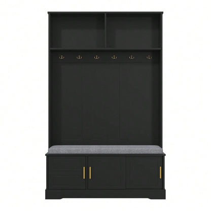 Garderobenständer mit  Schuhbank, Garderobe,  6 Dreifach-Haken,freistehend, platzsparend, für Eingangsbereich,Flur, Schwarz, 120×40×191cm
