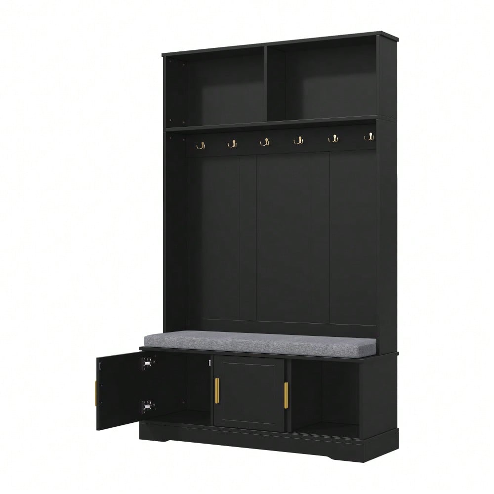 Garderobenständer mit  Schuhbank, Garderobe,  6 Dreifach-Haken,freistehend, platzsparend, für Eingangsbereich,Flur, Schwarz, 120×40×191cm