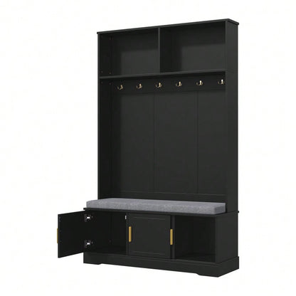 Garderobenständer mit  Schuhbank, Garderobe,  6 Dreifach-Haken,freistehend, platzsparend, für Eingangsbereich,Flur, Schwarz, 120×40×191cm