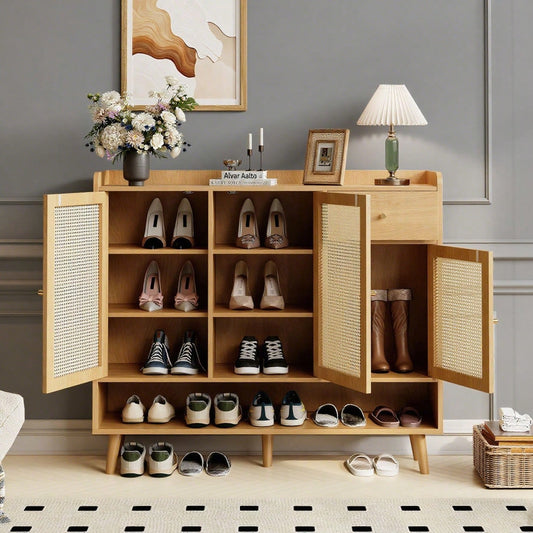 Schuhschrank aus natürlichem Rattan, Schuhkommode Schuhregal mit 3 Türen und1 Schubladen und 5 Regalböden, für den Flur. Metallgriff und Massivholzbeinen. Maße: B120/H106/T35 cm